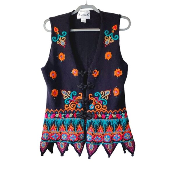 Vintage Jackets & Blazers - Vintage Handknit Boho Festival Coachella Embroidered Folk Gypsy Hippie Vest L